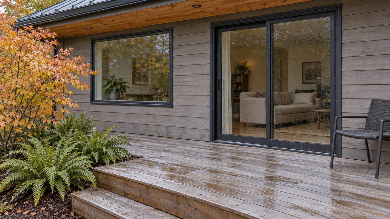 Weathered cedar deck beside a compact home's gray wood facade, closed glass doors and autumn vine maple.
