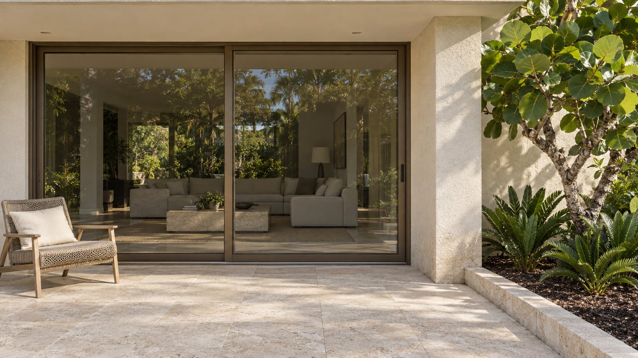 Ivory stucco home with bronze-framed sliding glass doors, a limestone terrace, a woven teak chair and a sculptural sea grape beside a raised planting bed.