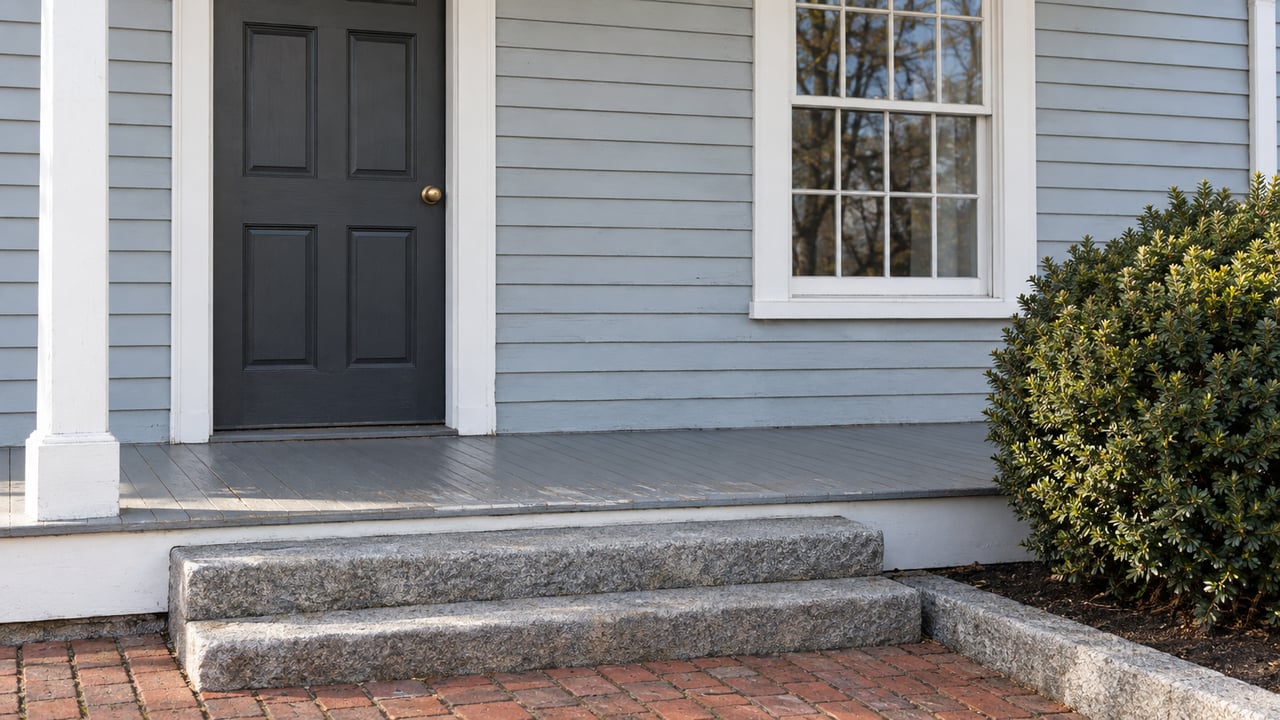 Close view of an older home's charcoal paneled door, white-trimmed multi-pane window, pale blue-gray clapboards and worn granite entry steps.