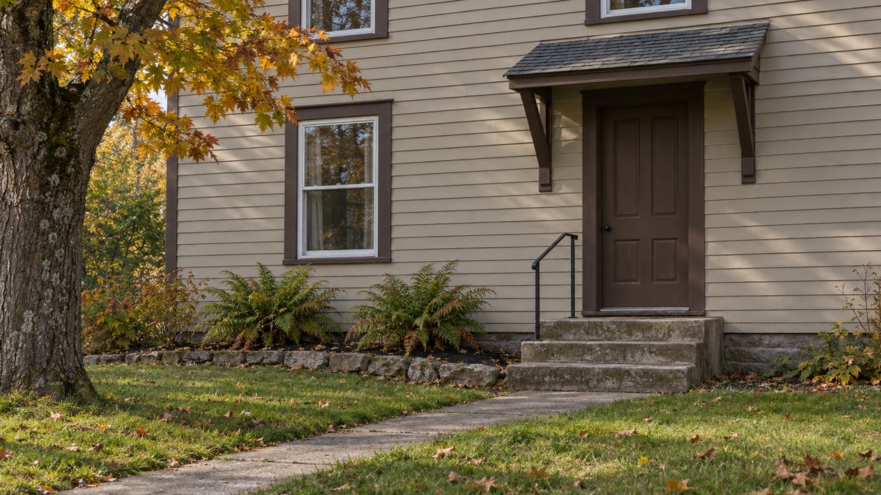 Modest clapboard home's brown front door and concrete stoop beyond an autumn lawn, framed by amber maple leaves.