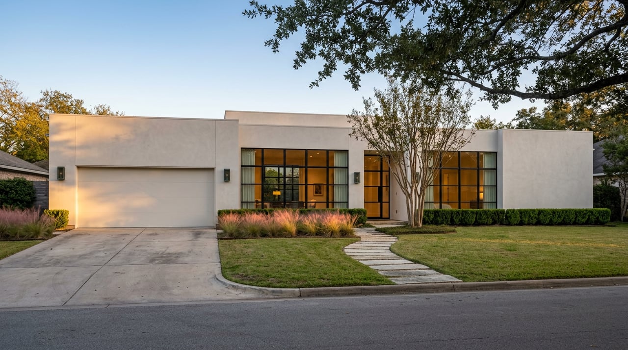 Modern stucco home at dusk, with warm light glowing through black-framed windows and pink grasses lining the path.