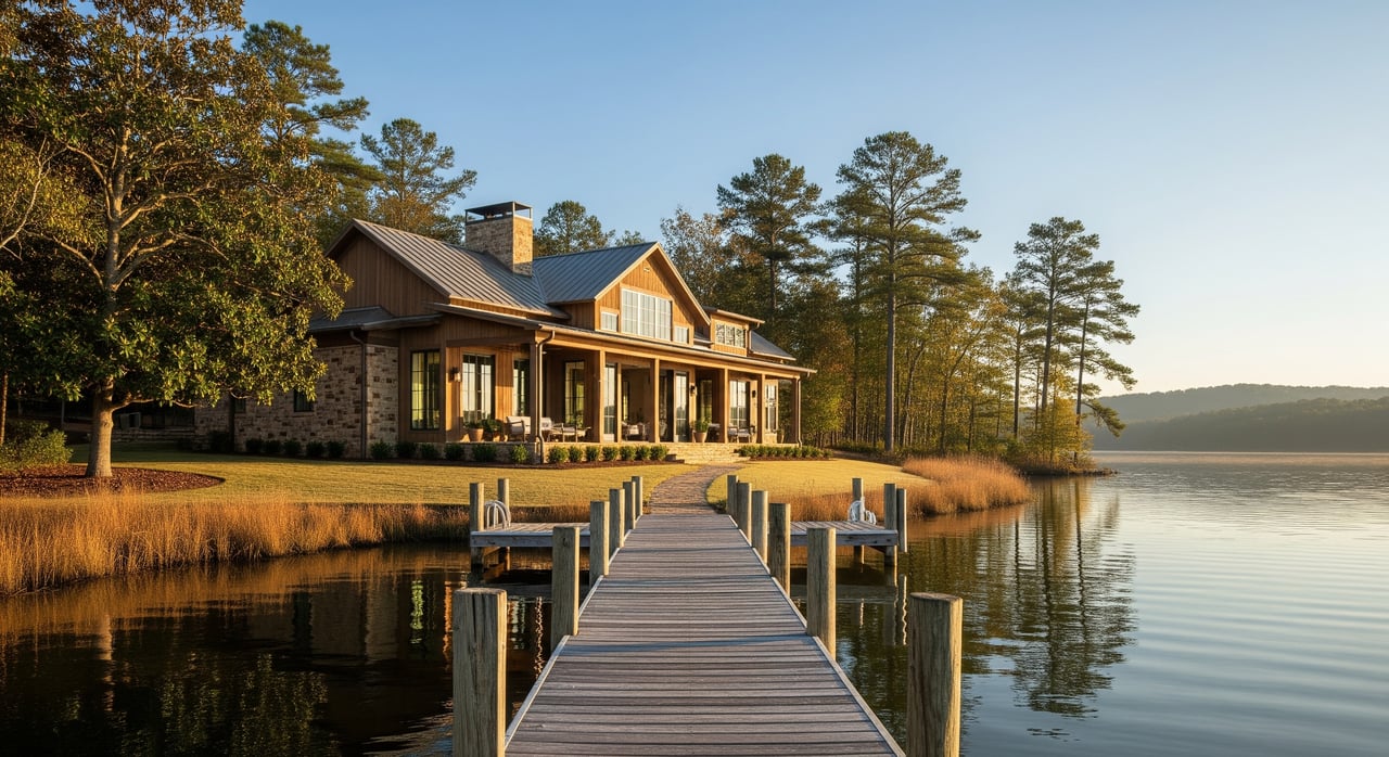 Wooden dock leads to a lakeside lodge with a covered porch, surrounded by trees and reeds.
