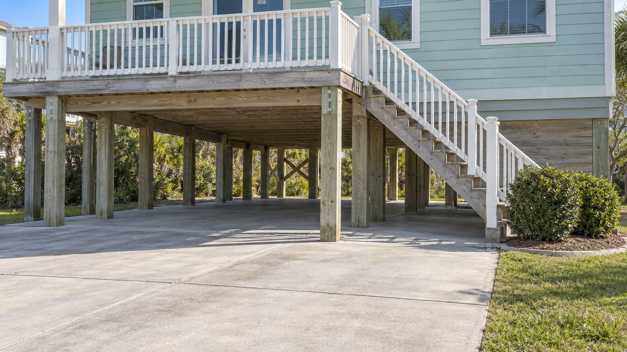 Seafoam elevated house with weathered timber supports, an empty concrete parking bay and white-railed exterior stairs.