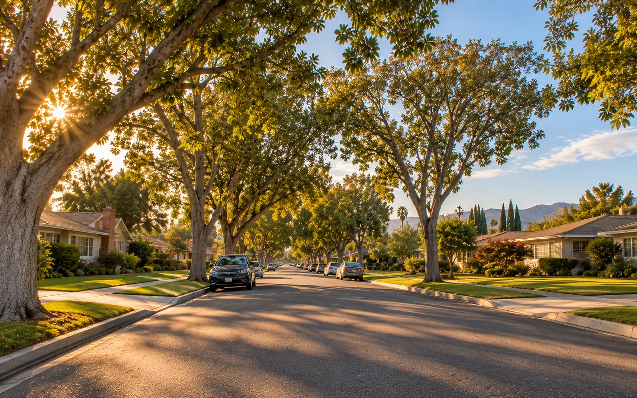 Tree-lined residential street of single-family ranch homes in Valley Village, CA 91607
