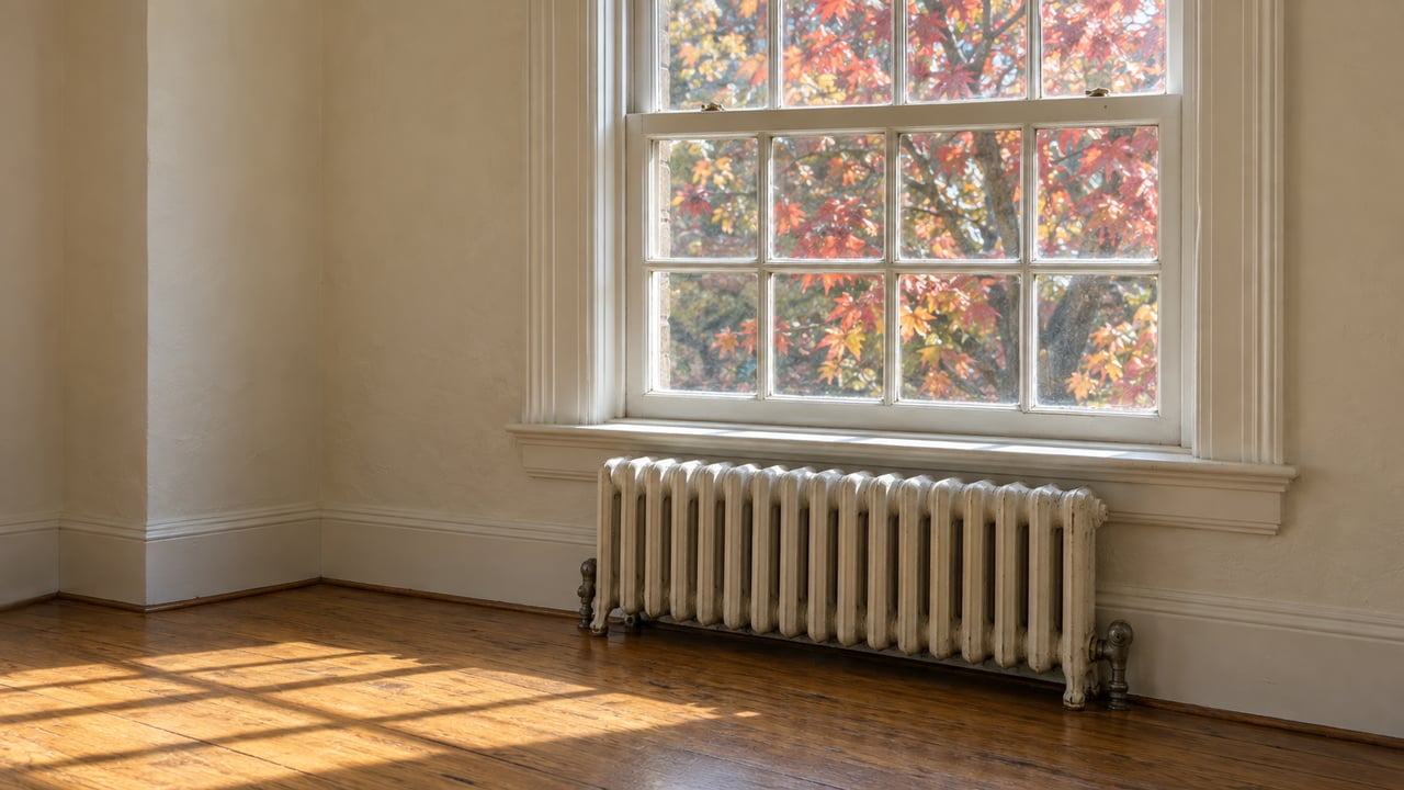 Tall six-pane sash window above an aged radiator, with russet maple leaves visible outside and sunlight on oak boards.