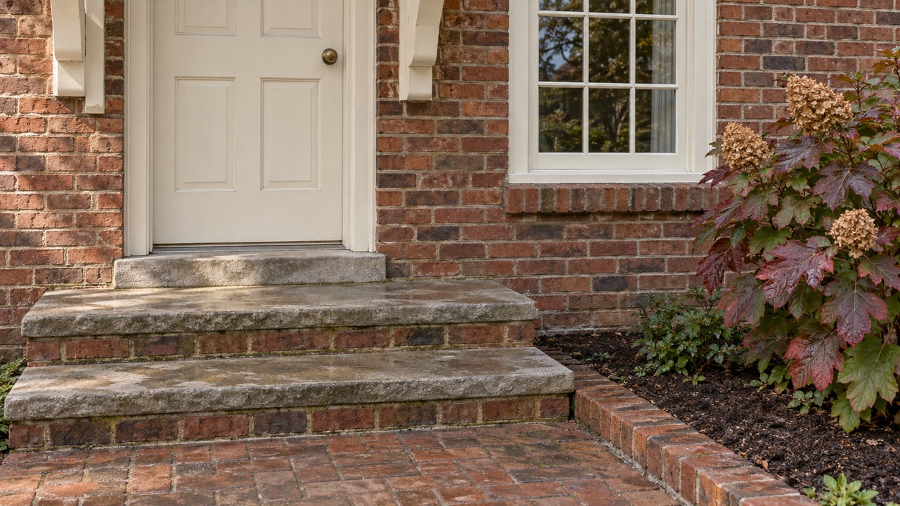 Brick home entrance with an ivory door, multi-pane window, limestone-capped steps and autumn oakleaf hydrangea.
