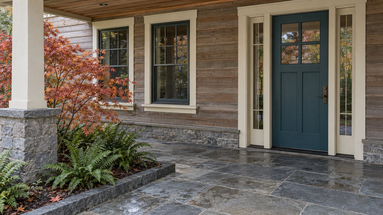 Cedar-clad home entry with a teal glazed door, stone porch paving, and red vine maple leaves above sword ferns.