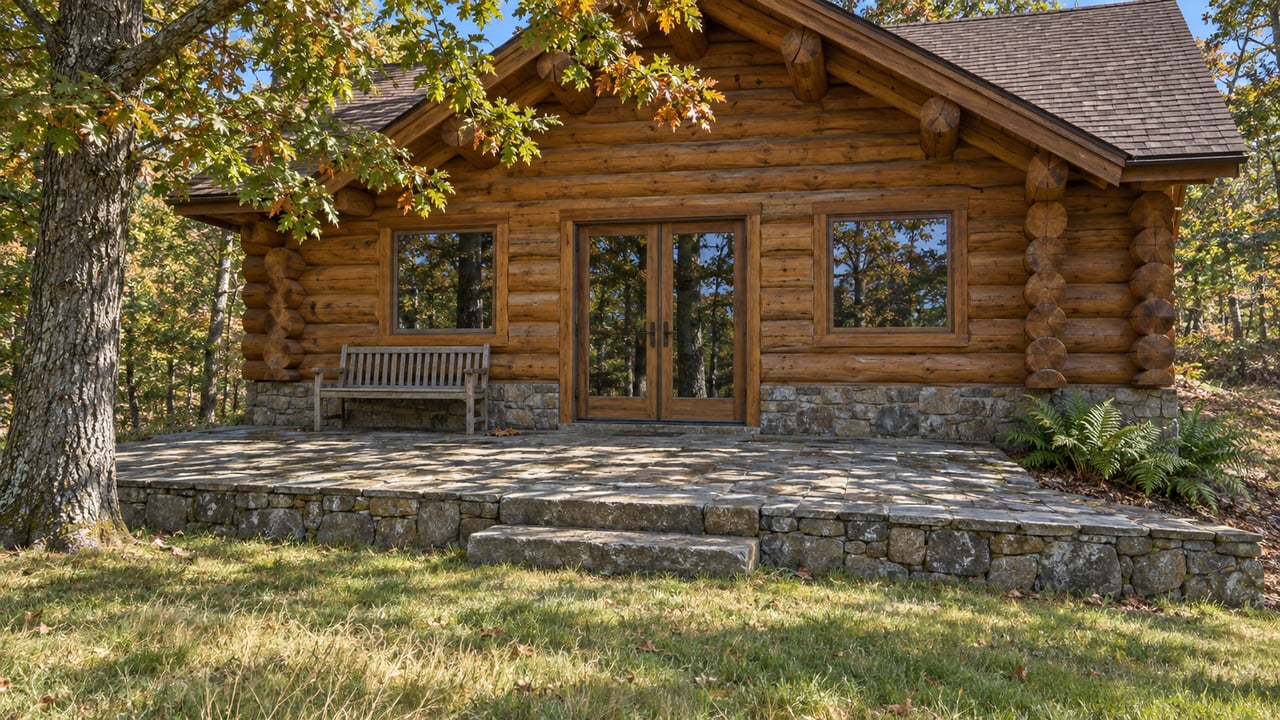 Honey-toned log cabin with a glazed rear door, sandstone terrace and steps, and an oak tree beside a sloping lawn.