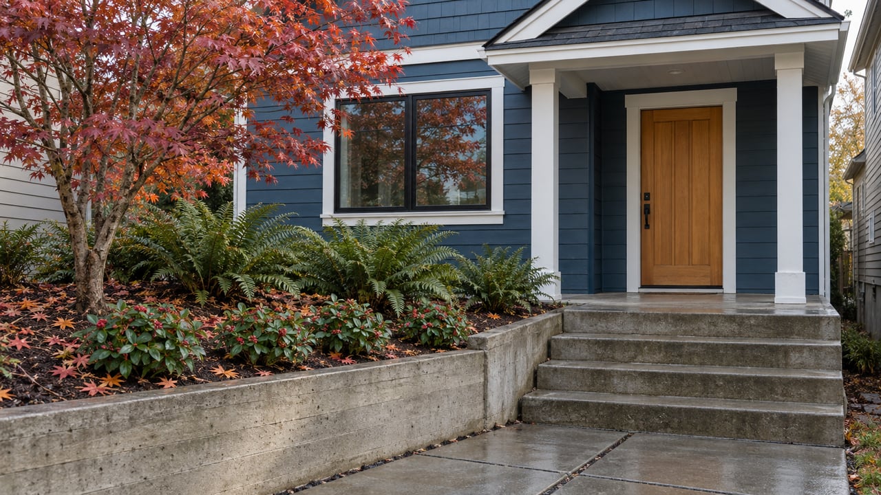 Blue lap-sided home with a covered wood front door, rain-darkened concrete steps, and an autumn Japanese maple beside a fern garden.