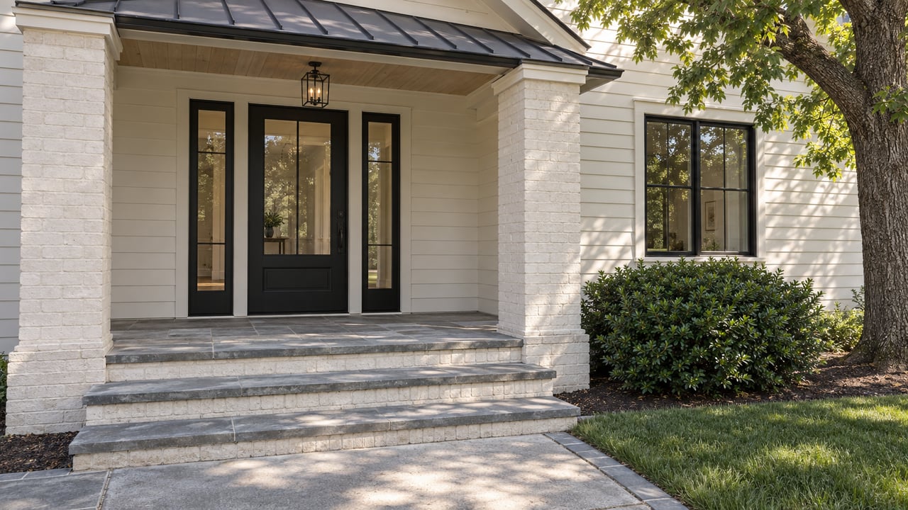 Detached home entry with a black glass door, matching sidelights, pale brick piers, and broad stone steps.