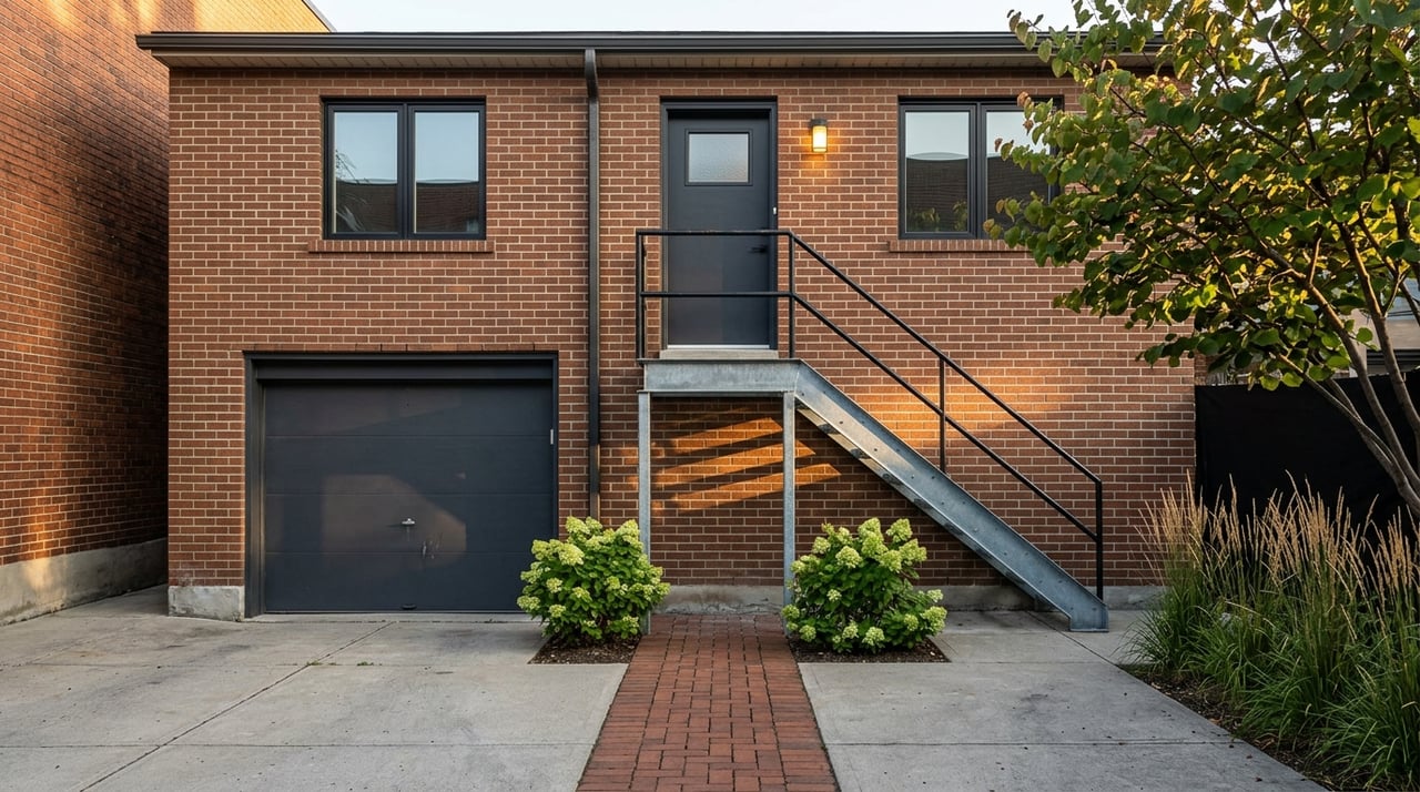 Brick coach house with a charcoal garage door, raised entry, and galvanized steel stairs among shrubs.
