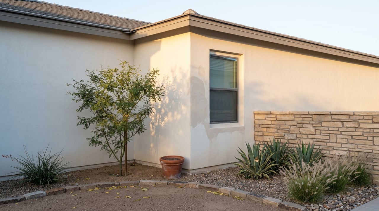 Ivory stucco home corner with a charcoal-framed window, flagstone courtyard wall, and desert plants in gravel.