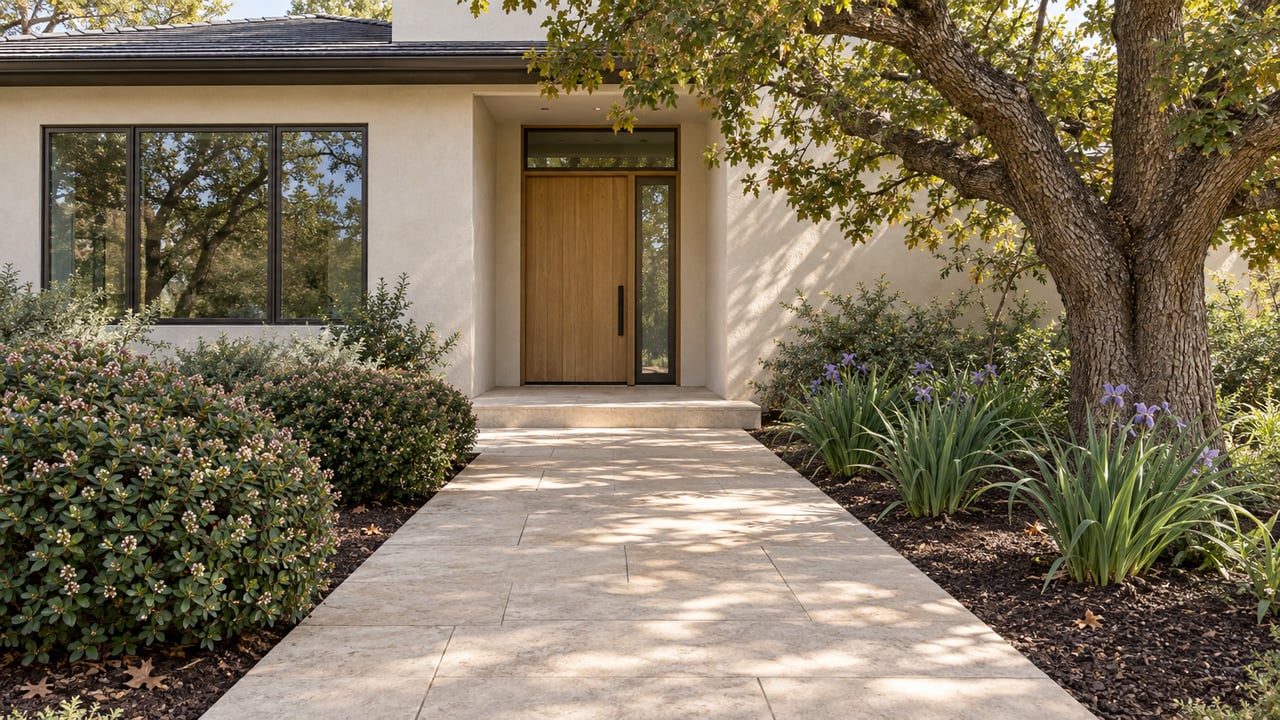 Warm stucco home with an oak entry door, pale limestone garden approach and a mature oak tree.