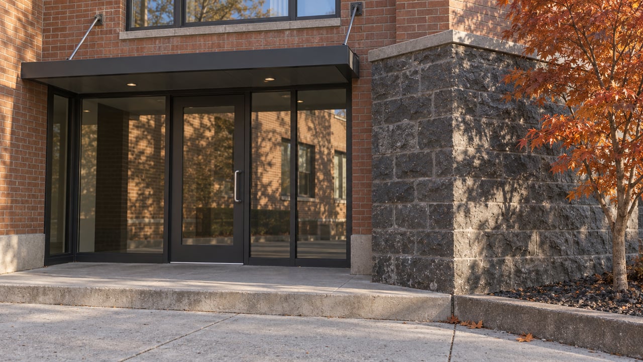 Autumn sunlight across a brick condominium entrance with charcoal stone, closed glass doors and a copper-leaved maple.