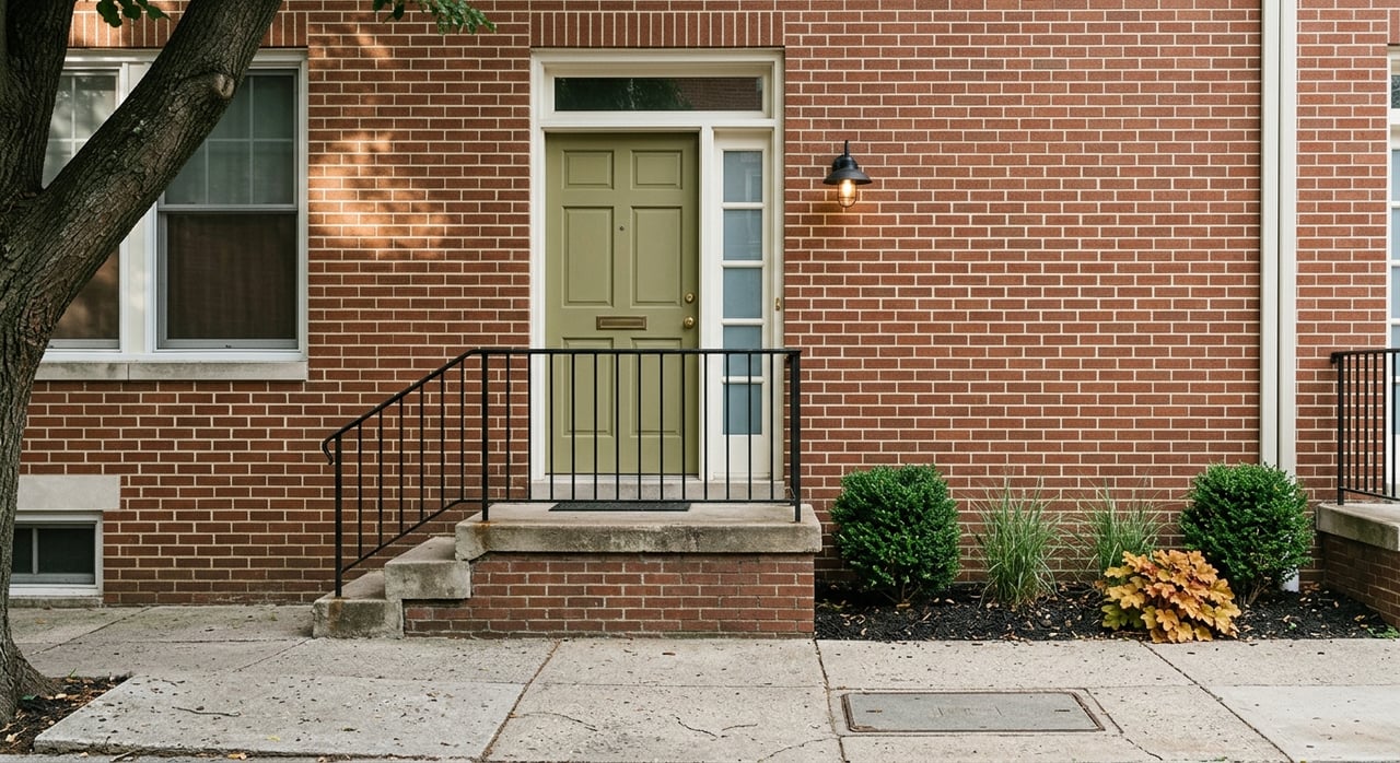 Brick rowhouse stoop with black steel railing, painted door, frosted sidelight, and narrow grasses and shrubs.