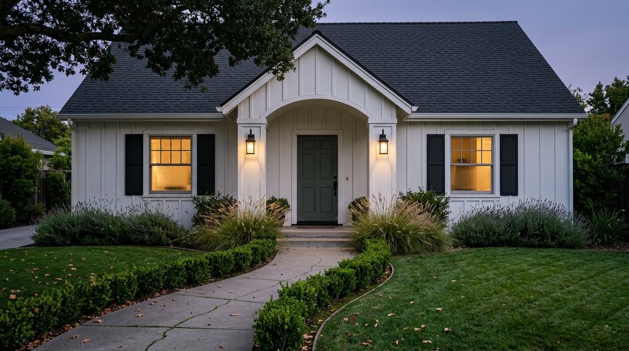 Symmetrical white two-story house with an arched porch, glowing windows, and lanterns at dusk.
