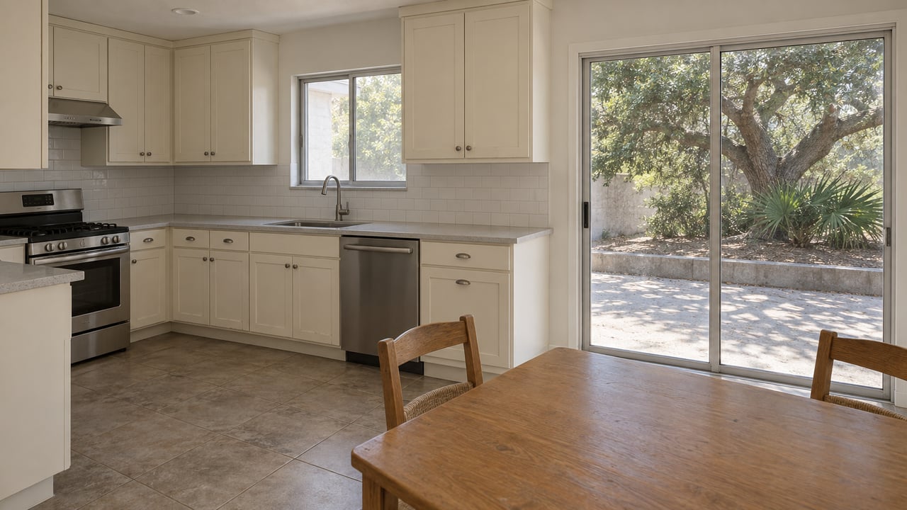 Sunlit modest kitchen and dining area with cream cabinets, an oak table and closed glass doors overlooking a concrete patio and mature oak.