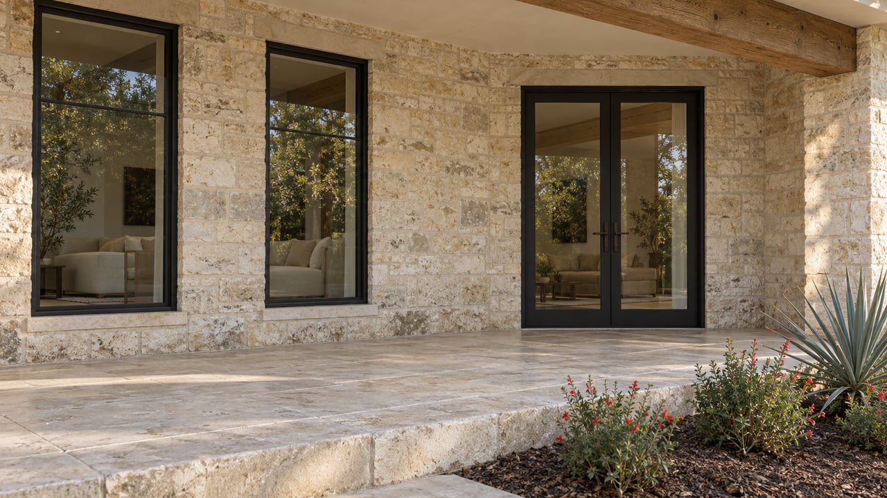 Covered limestone terrace with tall black-framed windows, closed glass double doors, an exposed timber beam and a small raised-edge planting bed.