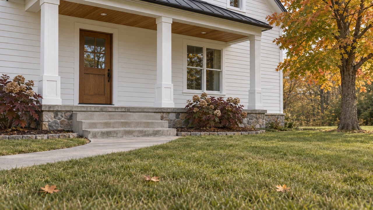 White clapboard home with an oak front door, stone foundation and concrete porch beside a sugar maple in autumn color.