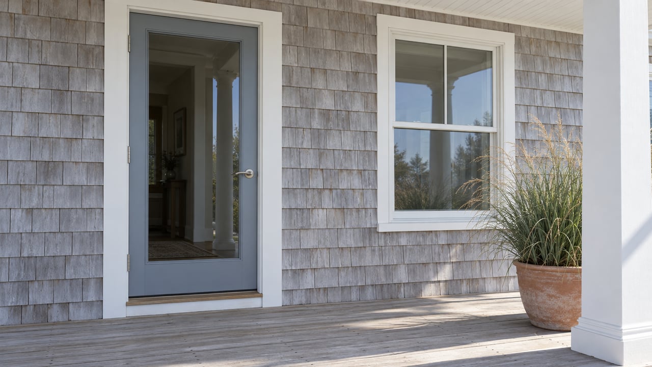Silvered cedar shingles, a white glazed entrance and sun-worn porch decking beside a terracotta pot of blue-green coastal grass.
