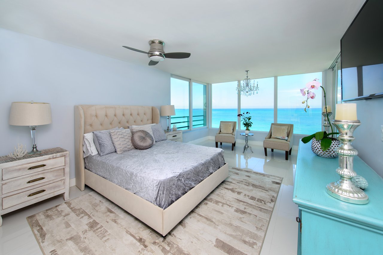 Interior bedroom shot of luxury waterfront home in The Bahamas