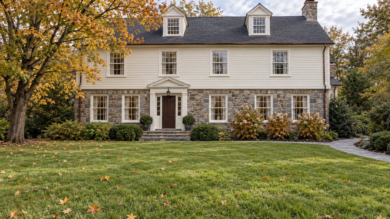 A stone-and-ivory clapboard house beyond a broad autumn lawn, with an amber maple and curved bluestone approach.