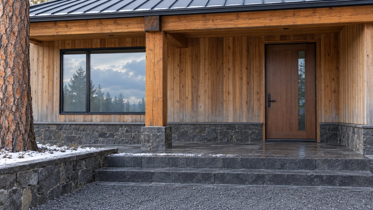 Covered home entry with weathered cedar, a timber post, basalt steps and traces of snow along the cleared approach.