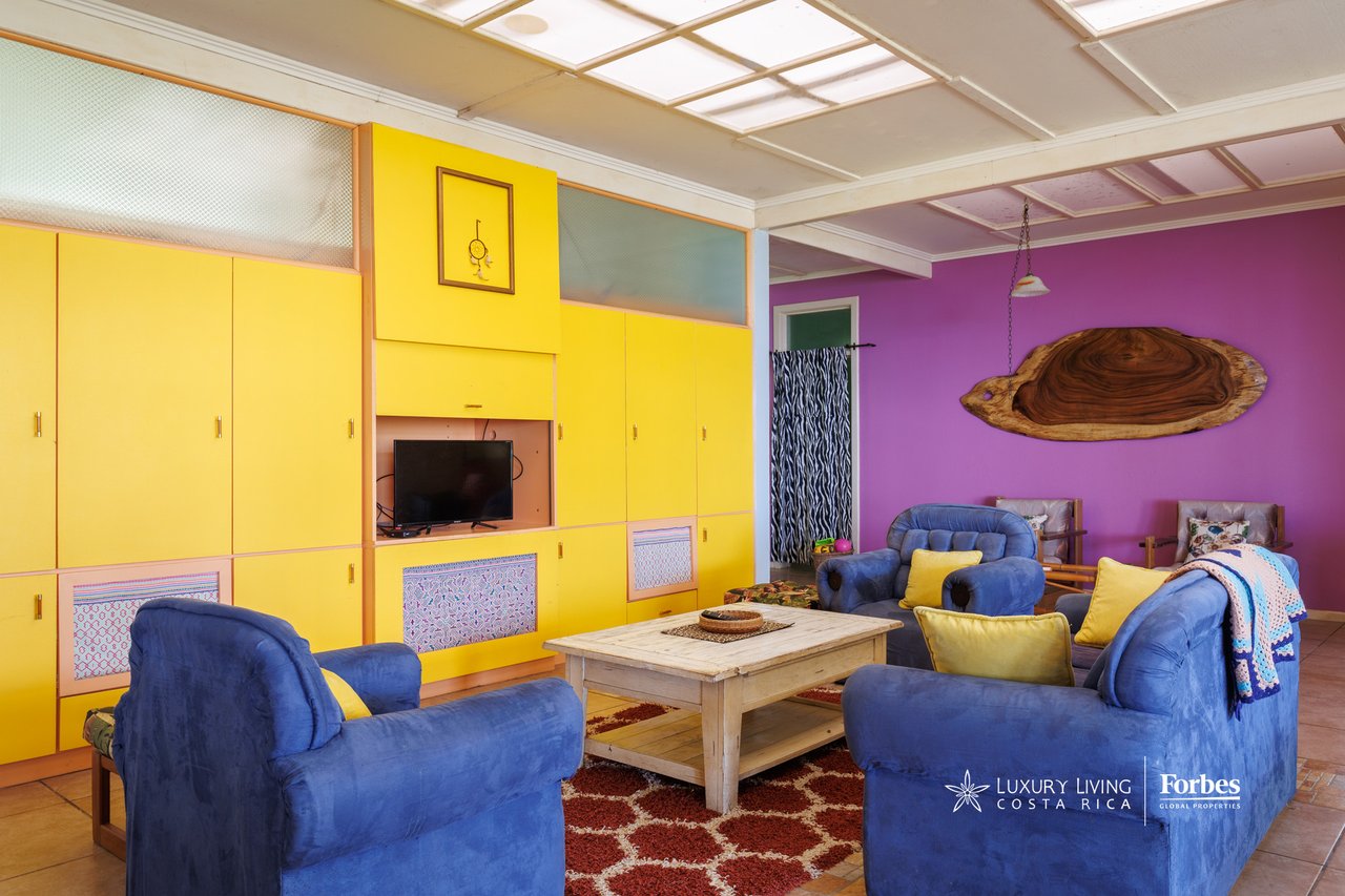 Living room with yellow built-in cabinets, purple walls, and blue seating around a wood coffee table.