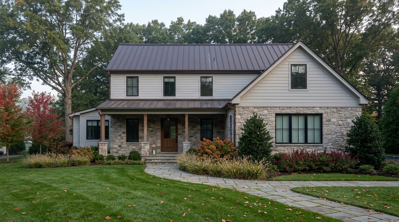 Two-story stone-and-gray-sided home with a covered entry, curving flagstone walk, and autumn plantings.