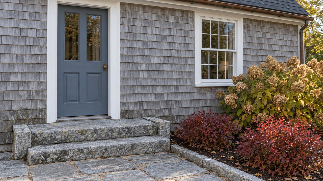 Weathered gray cedar house entrance with white window trim, granite steps and burgundy autumn planting.