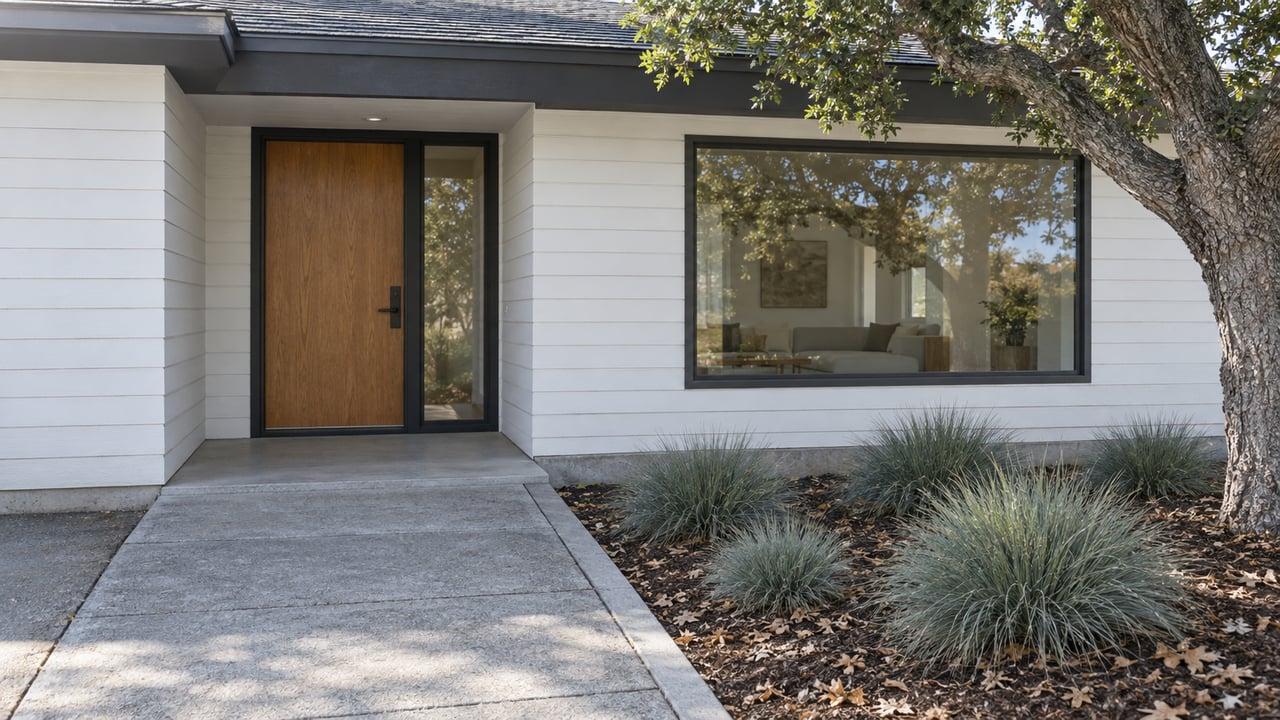White wood-sided home with a recessed wood entry, broad glass window and concrete approach beside a mature oak.