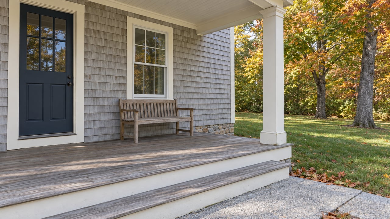 Pale-gray shingled home with an ivory-trimmed covered porch, teak bench, granite steps and autumn maple trees beside a broad lawn.