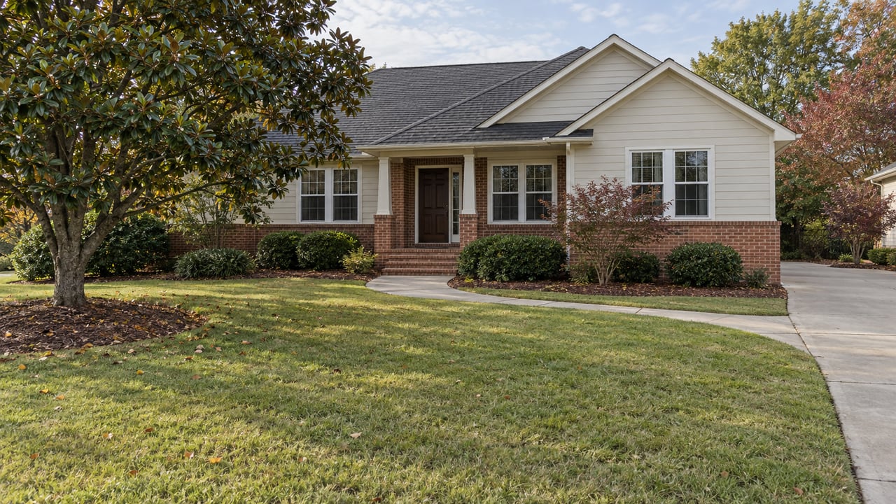 A gabled single-family home with cream siding, brick foundation, a curved front walk and a deep autumn lawn beside a mature magnolia.