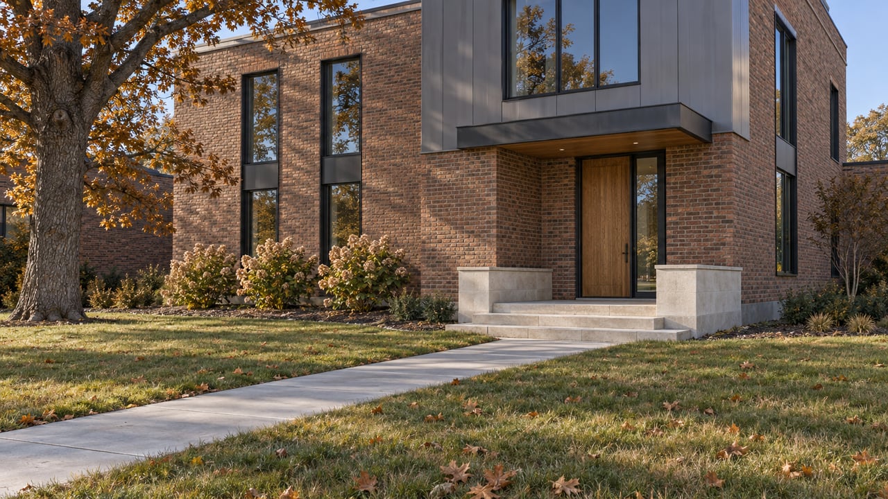 Autumn sunlight on a brick and gray-metal home with black-framed windows, a limestone entry and a deep front lawn.