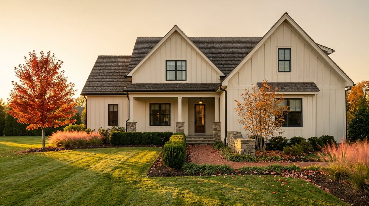 Ivory two-story house with a broad porch, fieldstone accents, and a crimson-orange maple across a deep lawn.
