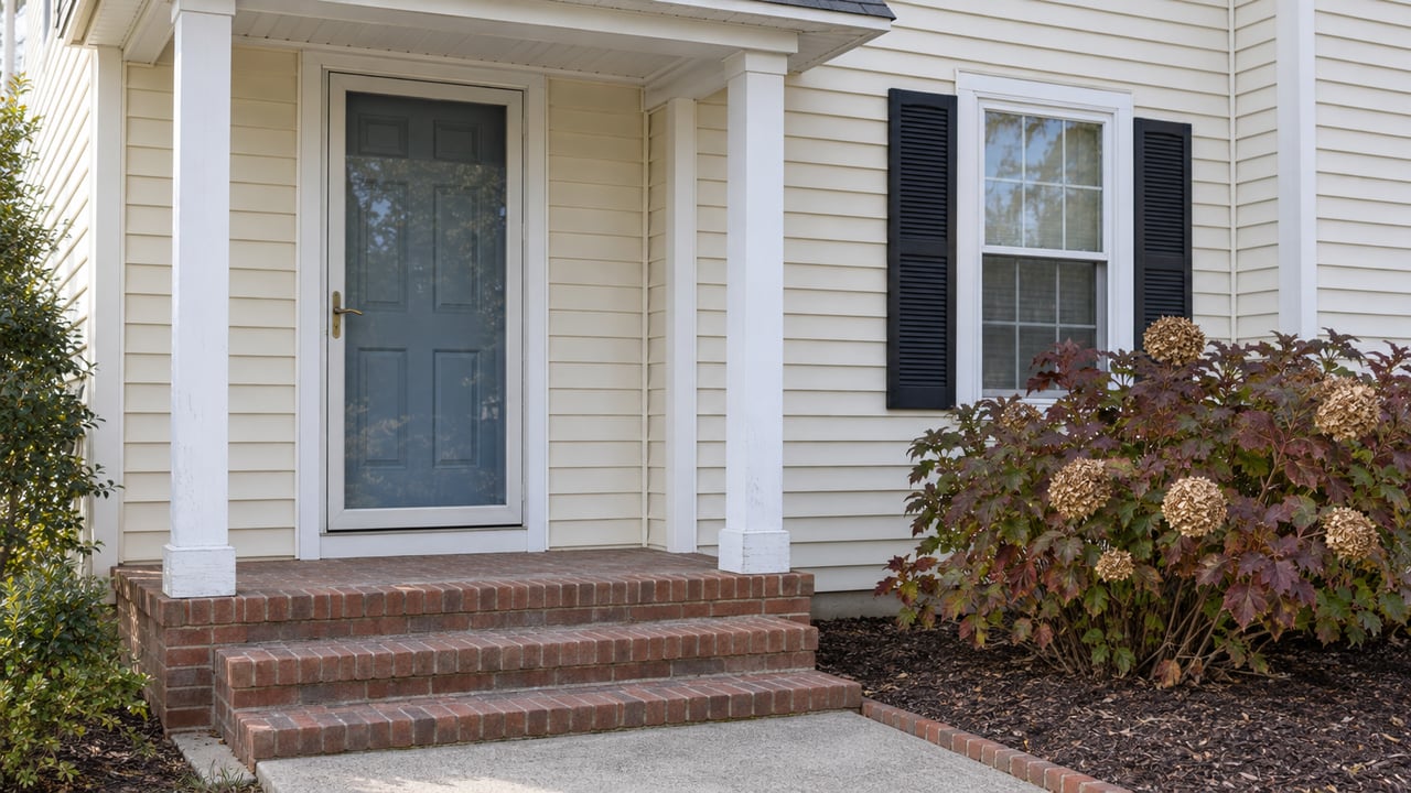 Cream-sided house entrance with a blue door, paired porch posts, brick steps and an autumn oakleaf hydrangea beside a shuttered window.