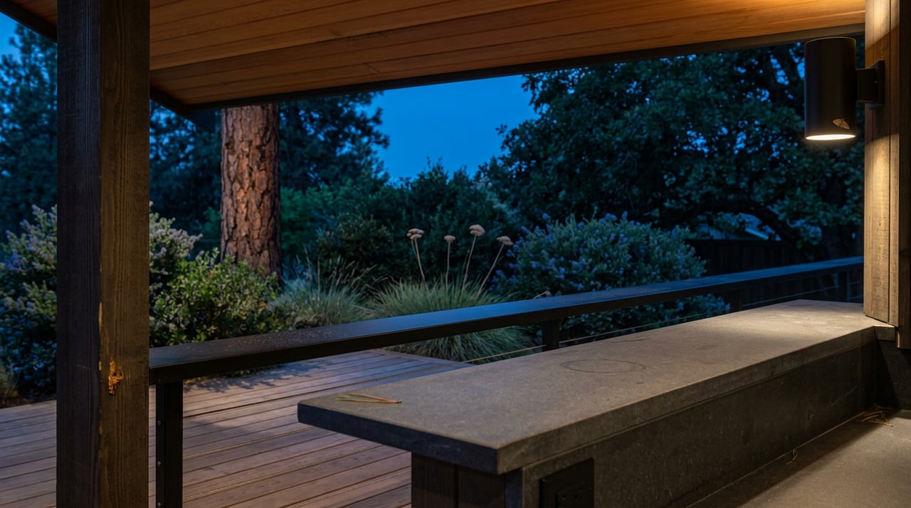 Basalt-topped deck counter beneath a cedar eave, lit by a warm sconce at twilight.