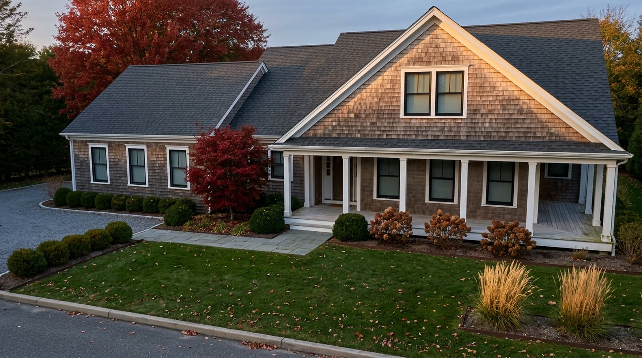 Grey-brown shingle house with a columned porch, curving driveway, and scarlet autumn tree.