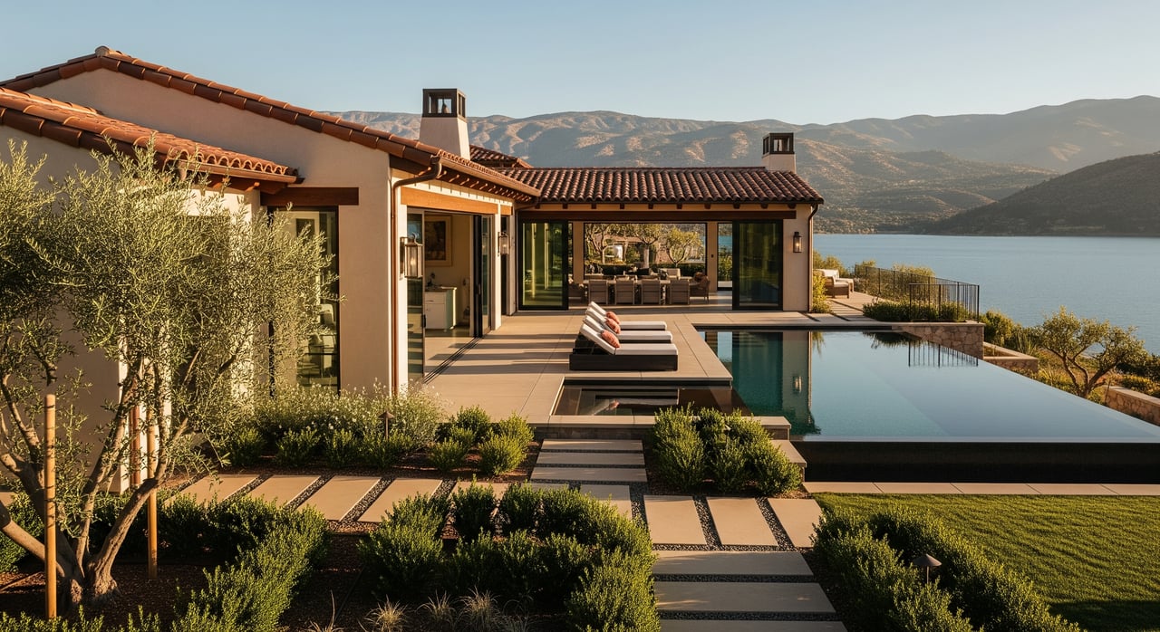 Terracotta-roofed house with a long infinity pool, landscaped garden, and mountain lake views.