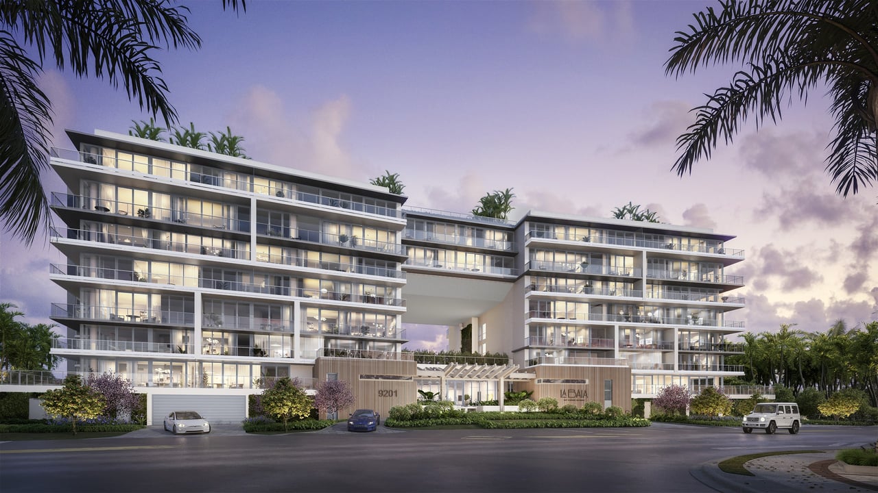 Rendering of building arrival exterior at La Baia South in Bay Harbor Islands.