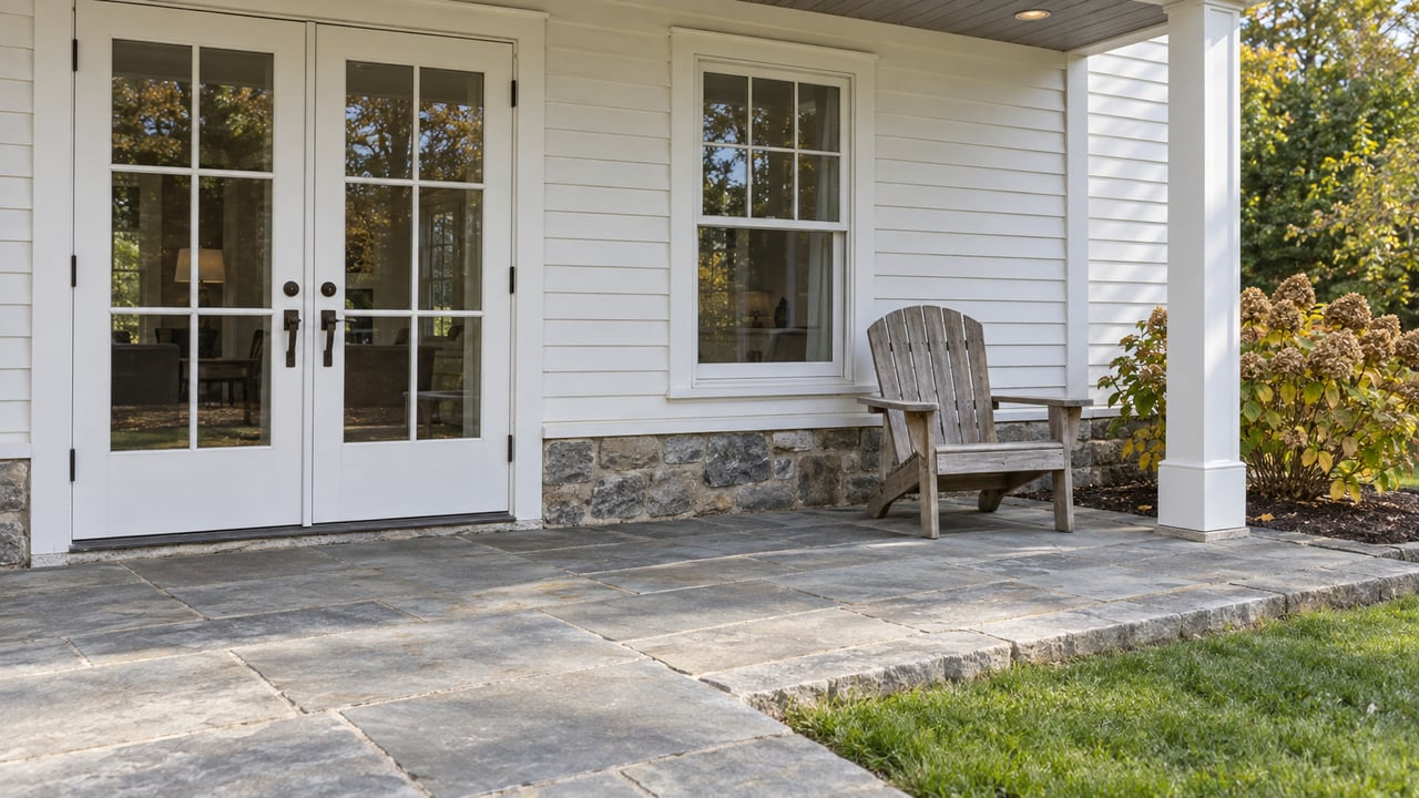 White clapboard rear entrance with paired glass doors, a weathered wooden chair, and a sandstone patio beside autumn hydrangea and lawn.
