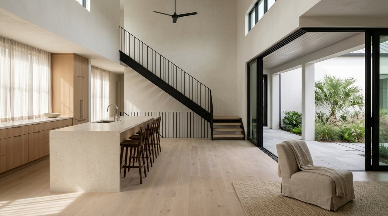 Double-height coastal interior opening onto an outdoor terrace, with natural materials and indoor plants.