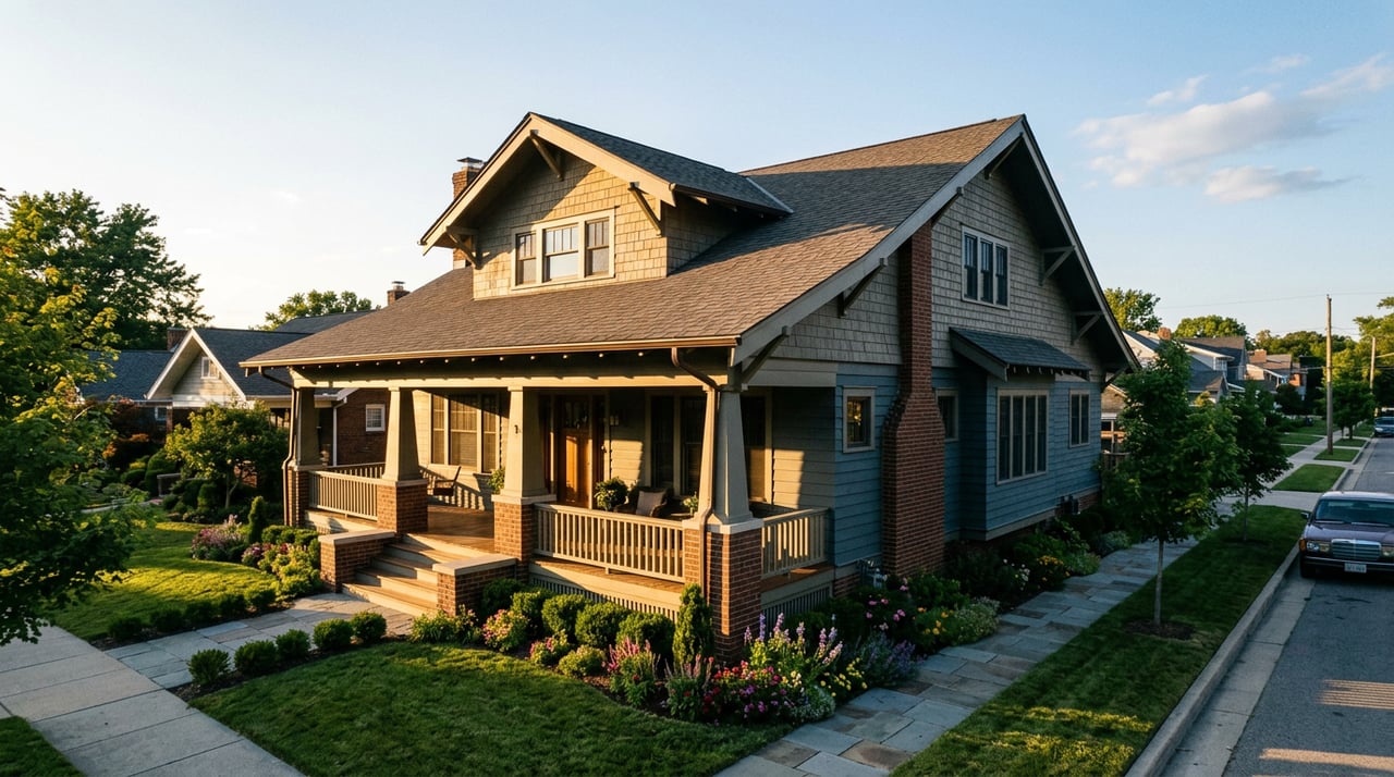 Craftsman house with porch columns, red-orange Japanese maple, and fallen leaves along a stone walkway.