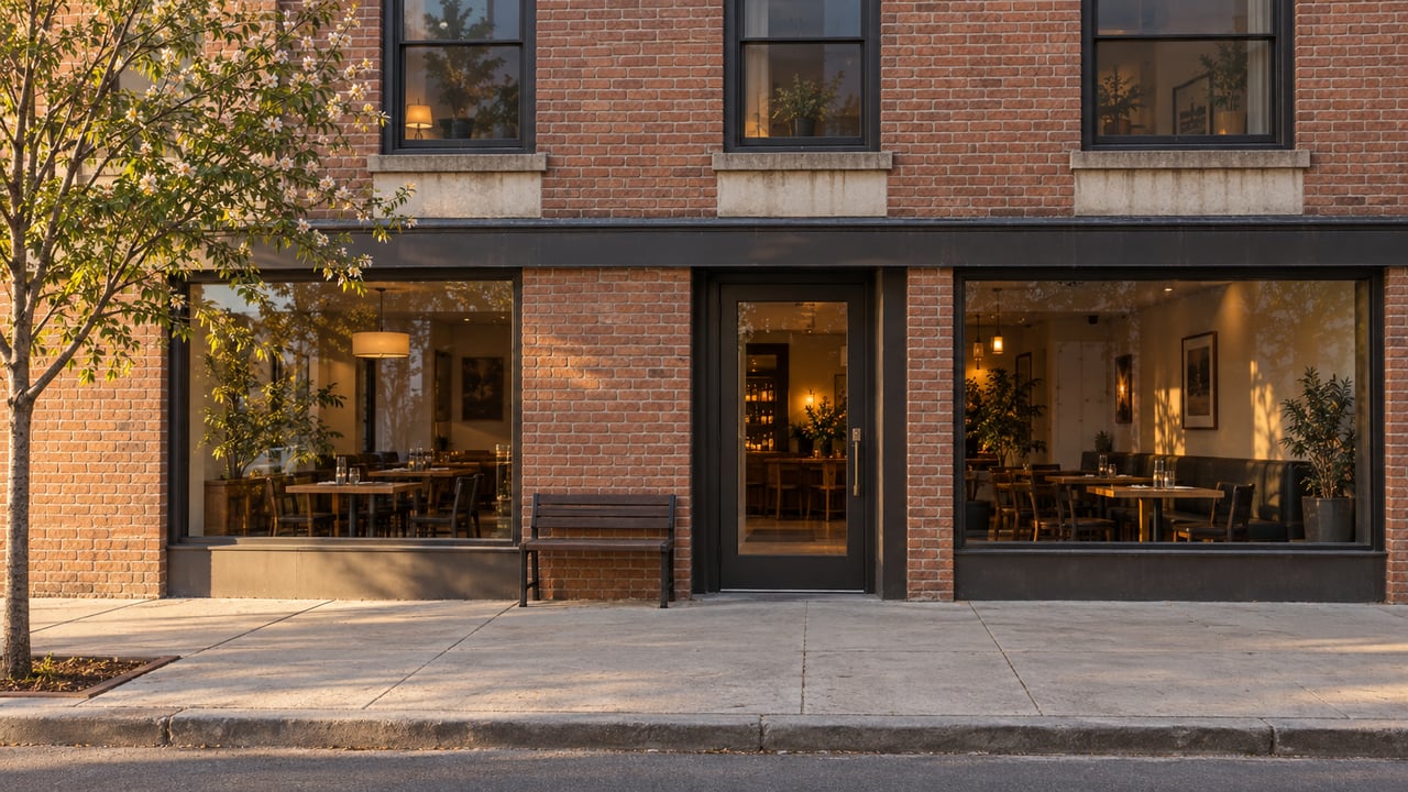 Brick mixed-use building with upper-floor windows, a glazed restaurant storefront, sidewalk bench, and a small tree.
