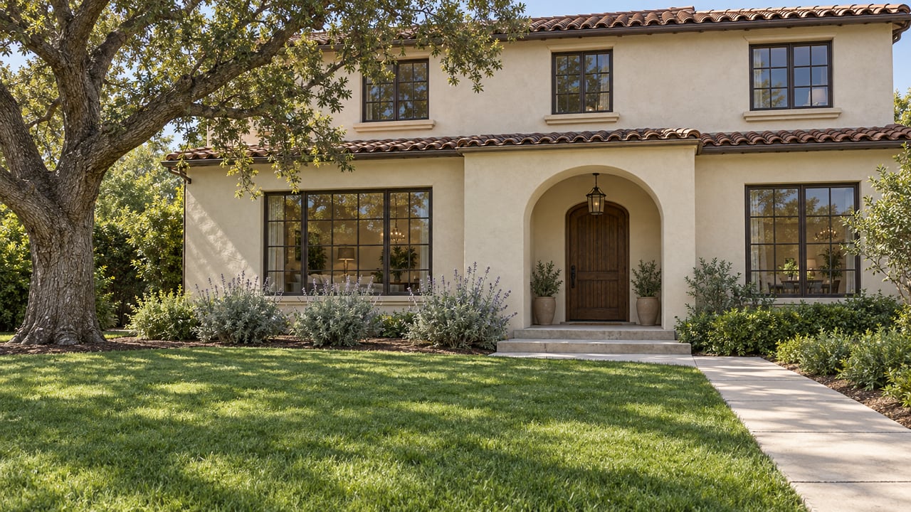 Cream-stucco two-story home with terracotta roof, a deep front lawn, mature oak and a gently rising concrete entry walk.