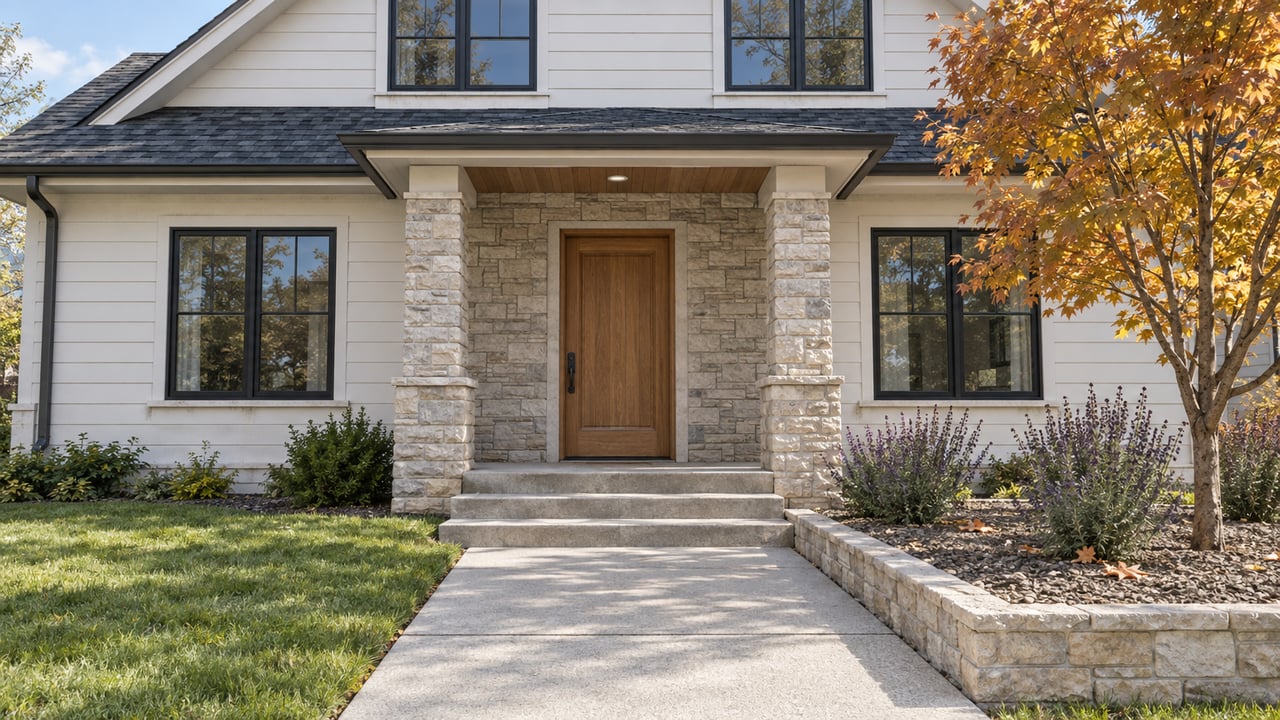 A white-sided two-story home with a limestone entry, oak front door, concrete approach and an amber-leaved maple in a raised garden bed.