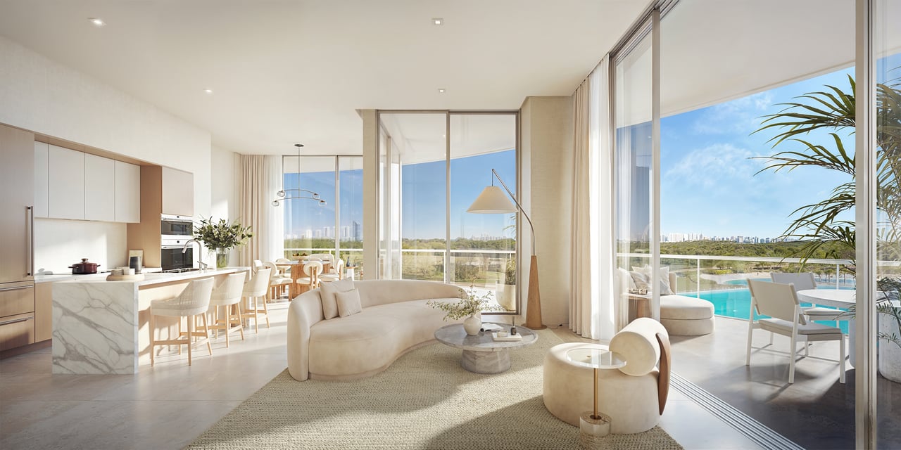 Rendering of a ONE Park Tower living room and kitchen with floor-to-ceiling windows and skyline views