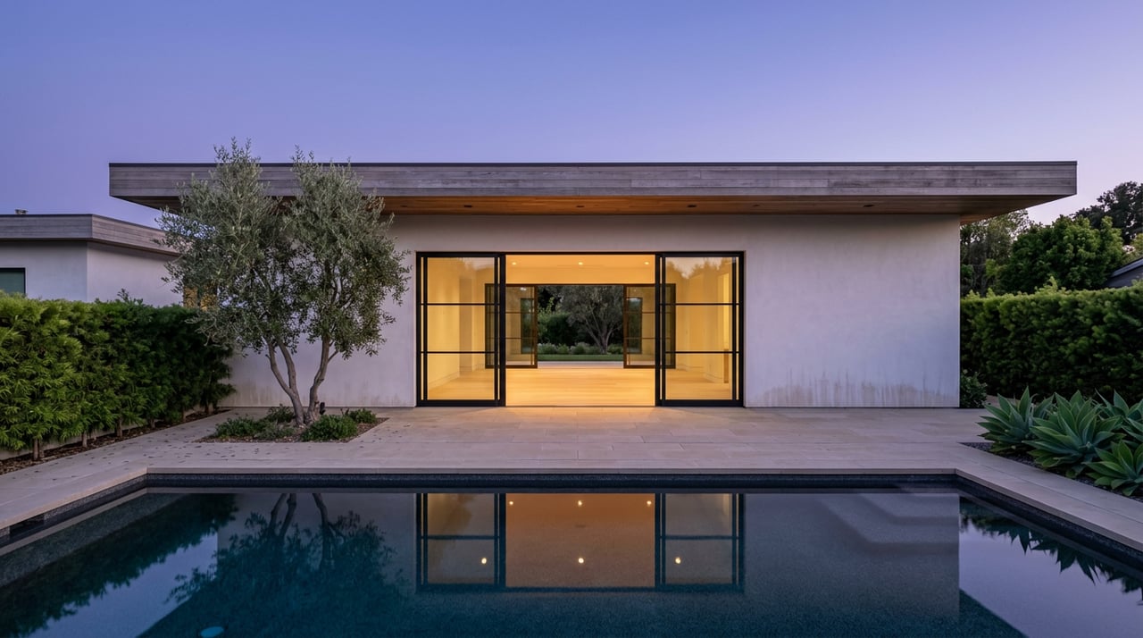 Contemporary white-stucco home with open glass walls glowing warmly beside a reflecting pool at dusk.