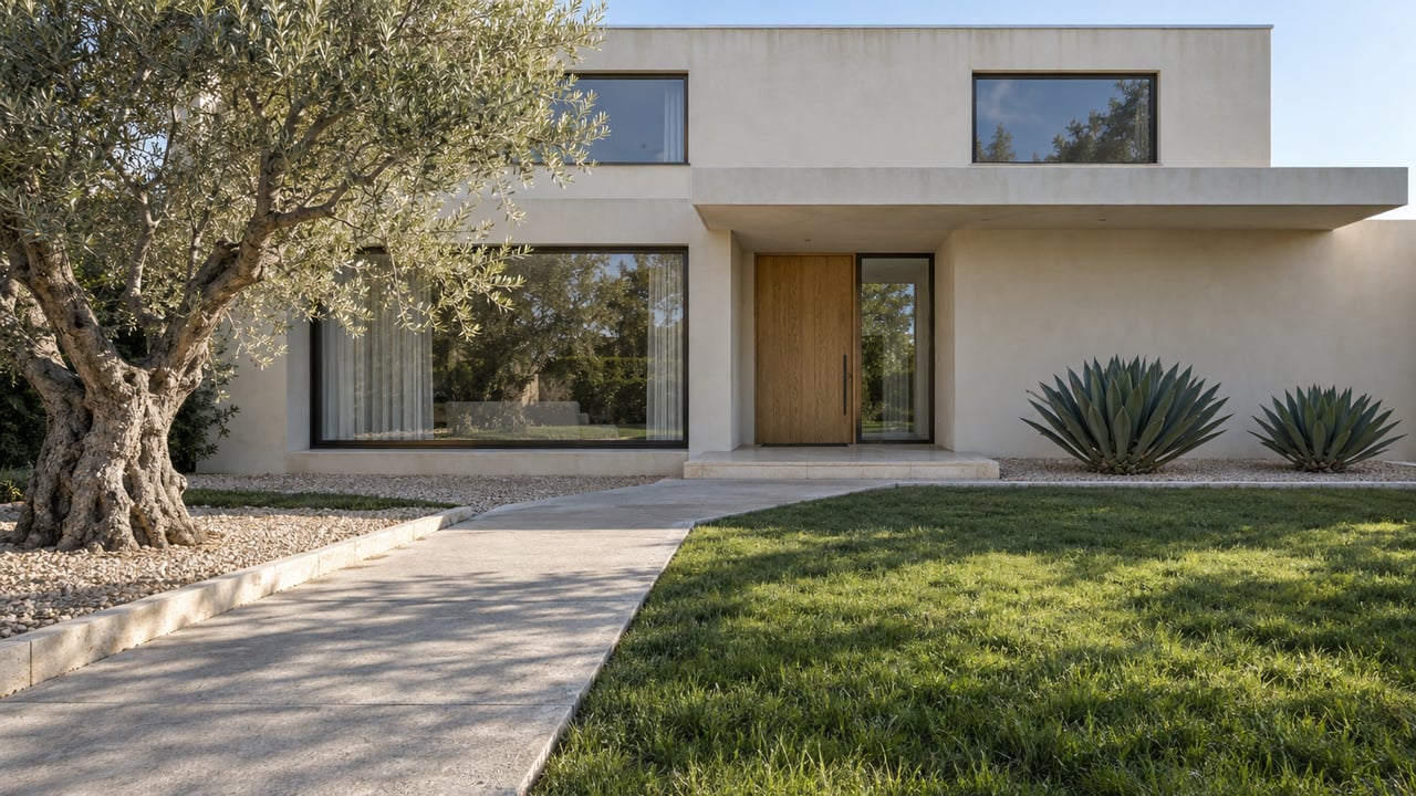 Contemporary cream-stucco home with bronze-framed windows, an oak entry door and a deep landscaped approach beneath a mature olive tree.