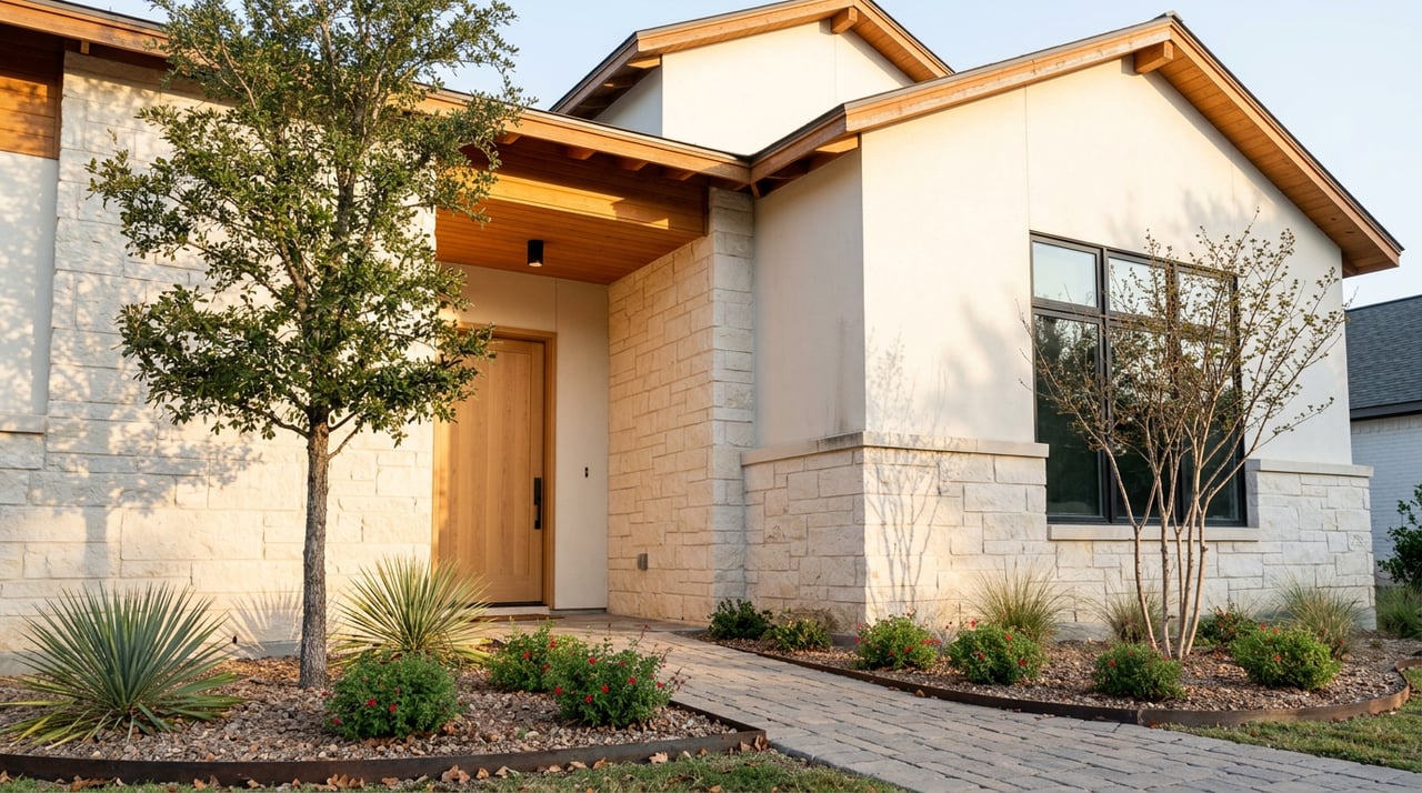 Limestone-and-stucco home entry with a cedar porch ceiling, oak door, stone walkway, and drought-tolerant plantings.